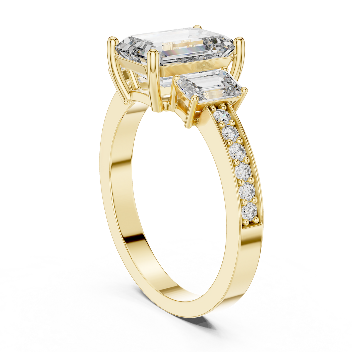 Three-Stone Emerald Cut Lab Grown Diamond Engagement Ring with Pavé Accented Band