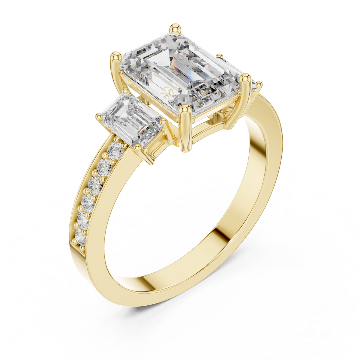Three-Stone Emerald Cut Lab Grown Diamond Engagement Ring with Pavé Accented Band
