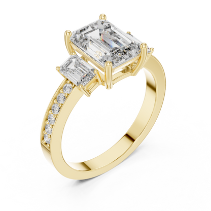 Three-Stone Emerald Cut Lab Grown Diamond Engagement Ring with Pavé Accented Band