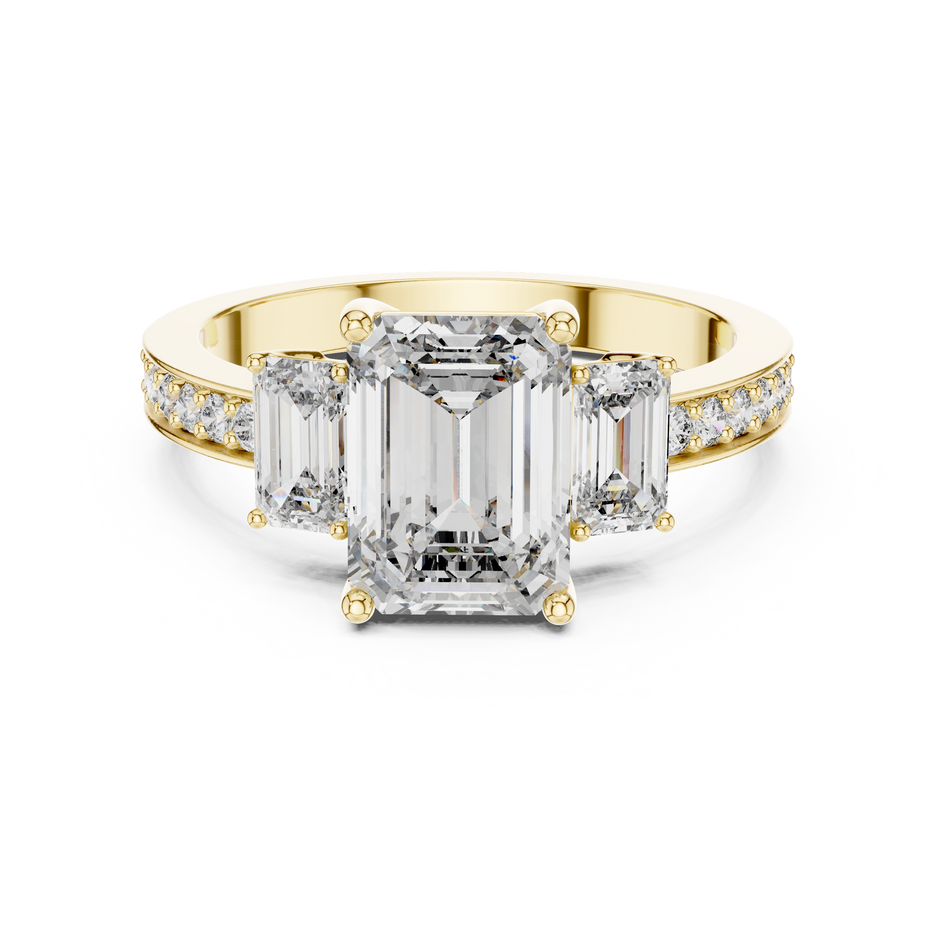 Three-Stone Emerald Cut Lab Grown Diamond Engagement Ring with Pavé Accented Band