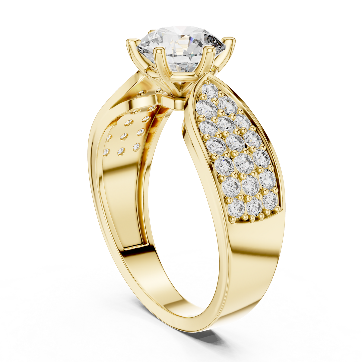 1ct Round Cut Lab Grown Diamond Engagement Ring with Wide Pavé Cluster Shoulders
