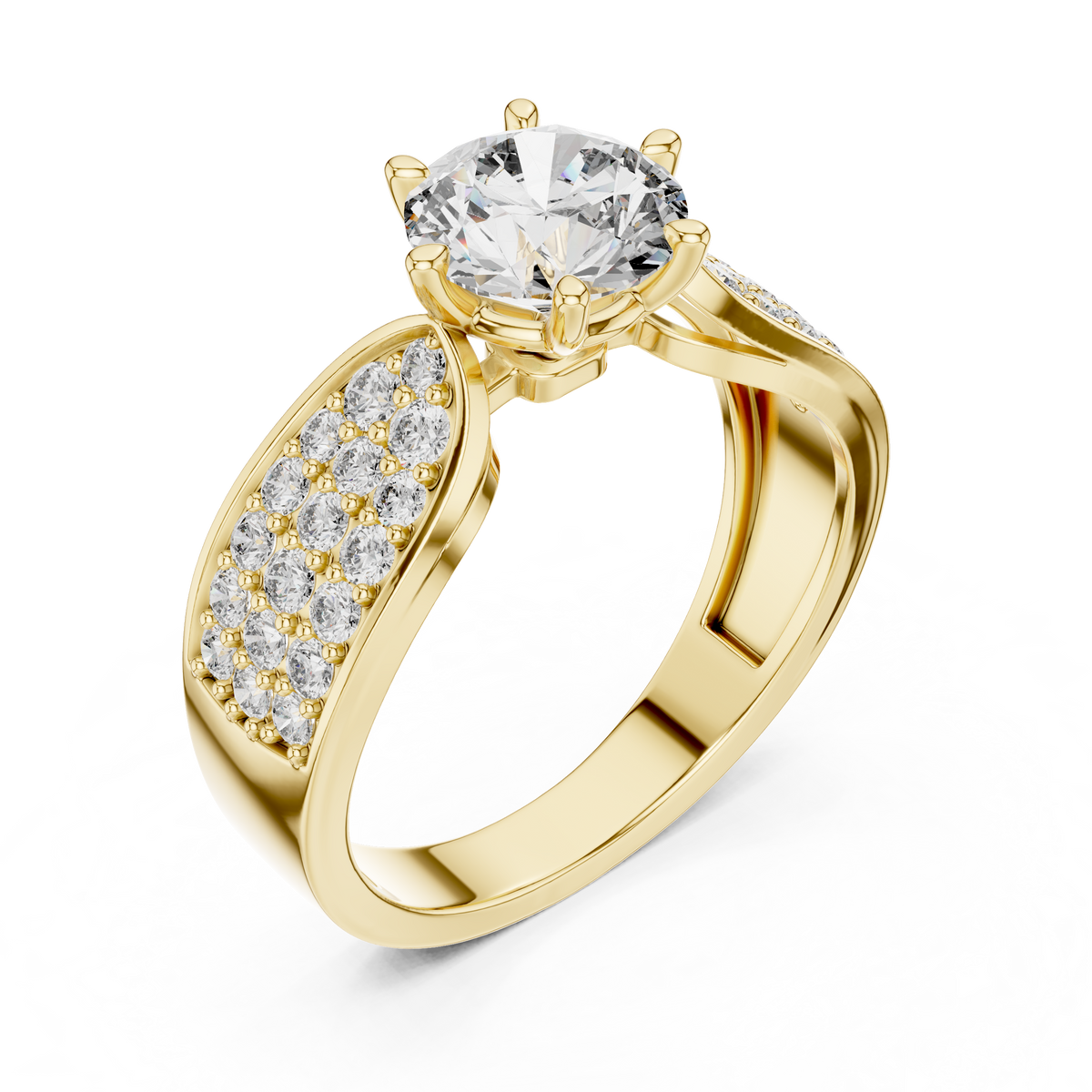 1ct Round Cut Lab Grown Diamond Engagement Ring with Wide Pavé Cluster Shoulders