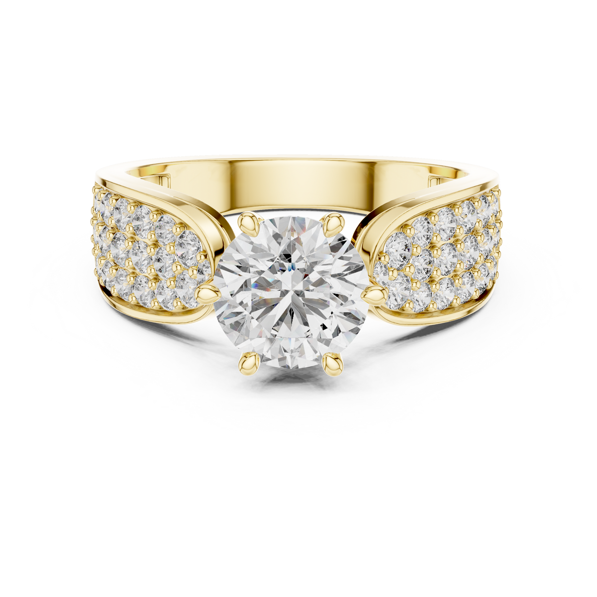 1ct Round Cut Lab Grown Diamond Engagement Ring with Wide Pavé Cluster Shoulders
