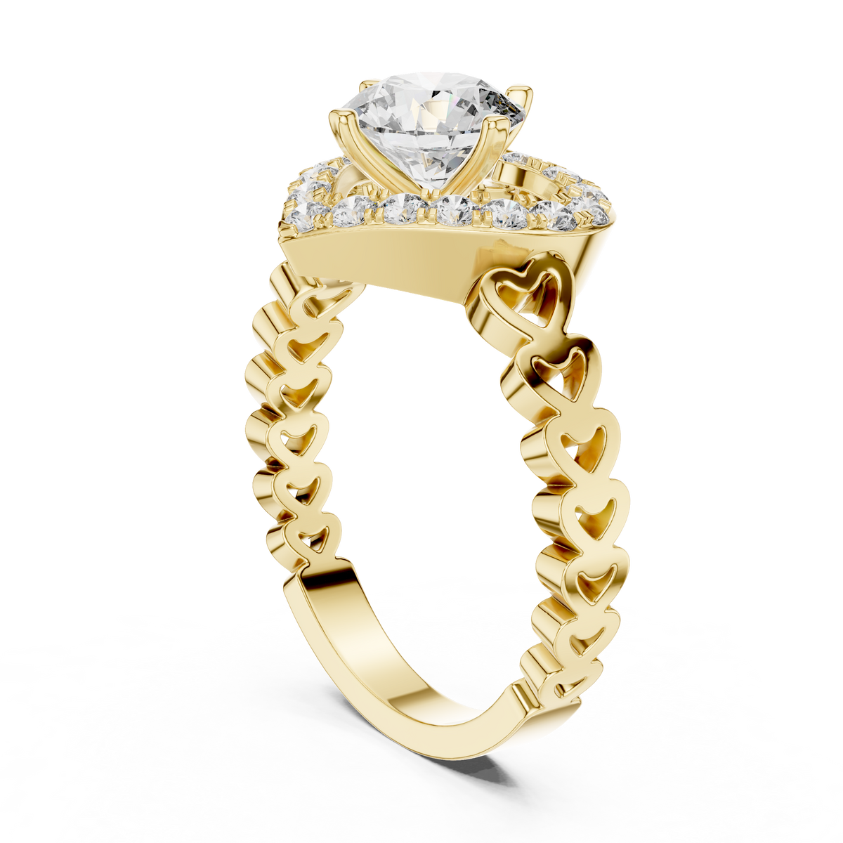 1ct Round Cut Lab Grown Diamond Engagement Ring with Heart-Shaped Halo and Heart-Link Band