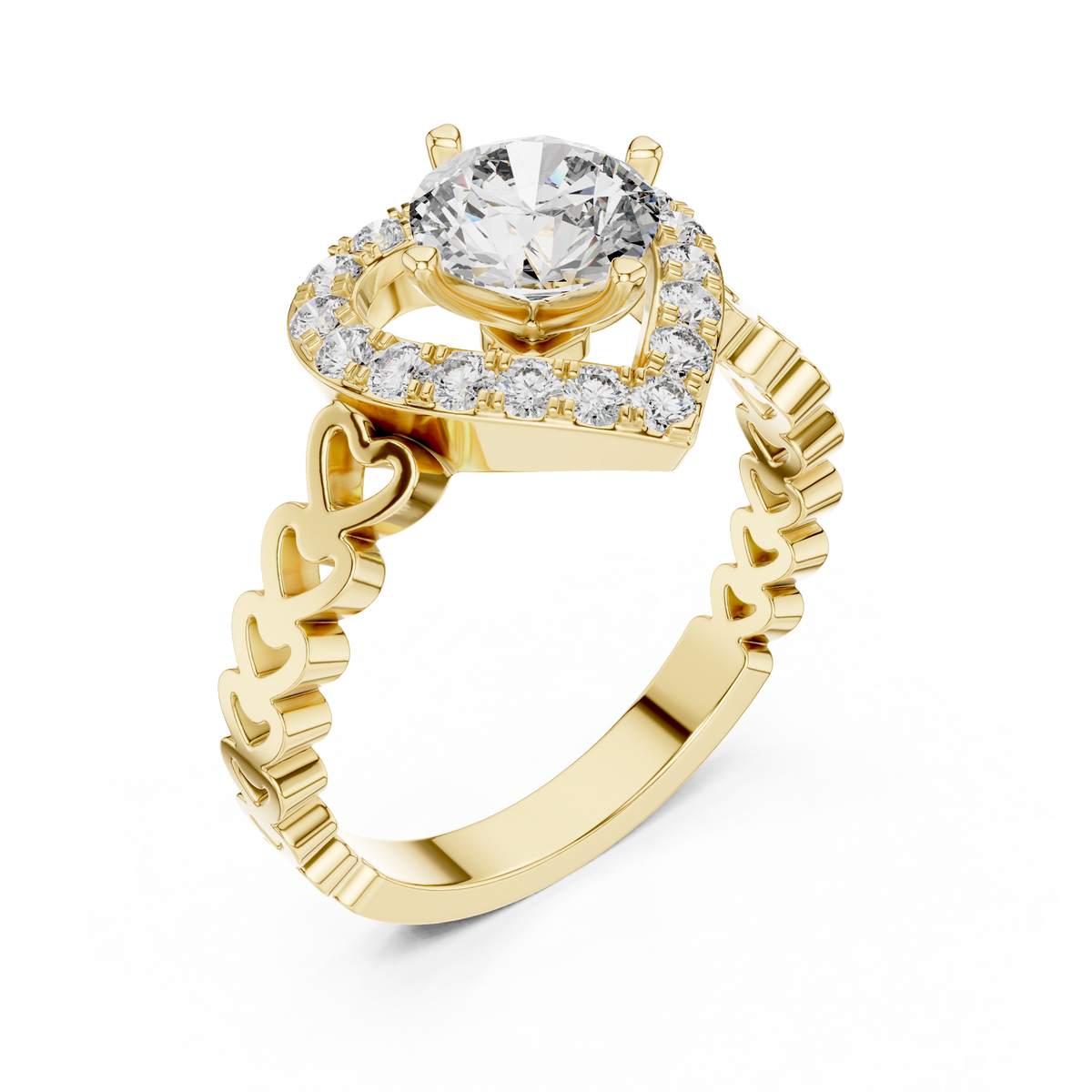 1ct Round Cut Lab Grown Diamond Engagement Ring with Heart-Shaped Halo and Heart-Link Band
