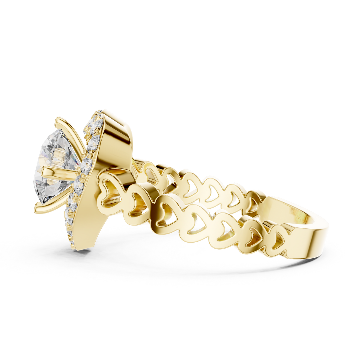 1ct Round Cut Lab Grown Diamond Engagement Ring with Heart-Shaped Halo and Heart-Link Band