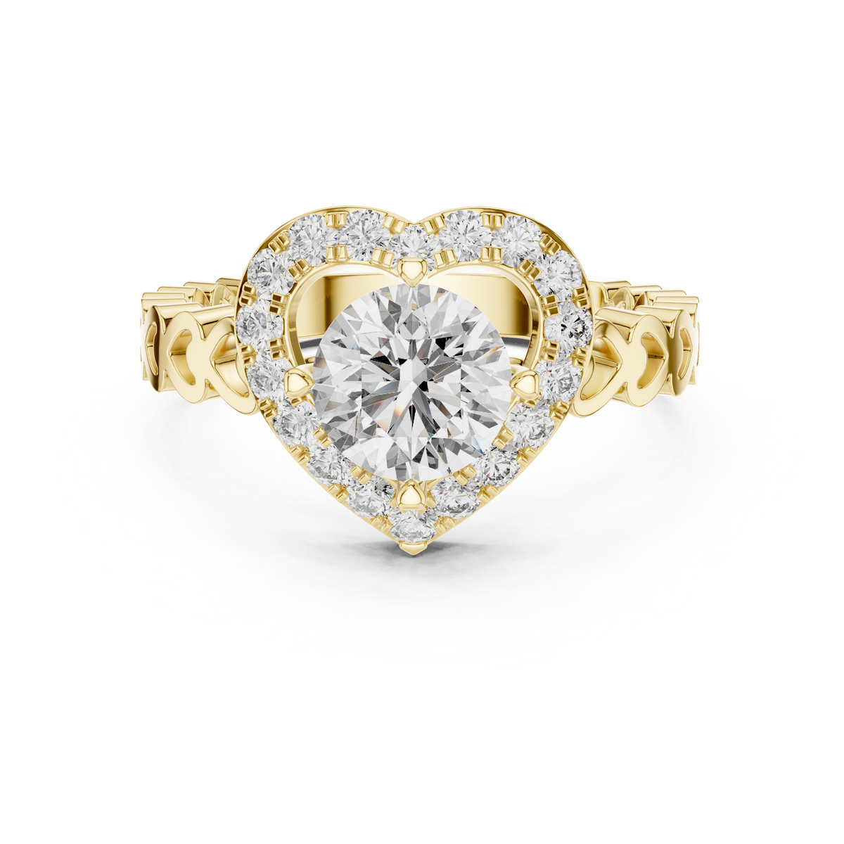 1ct Round Cut Lab Grown Diamond Engagement Ring with Heart-Shaped Halo and Heart-Link Band