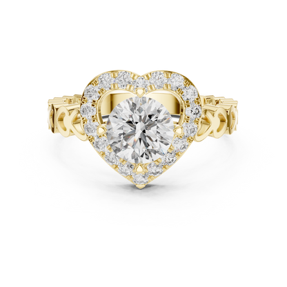 1ct Round Cut Lab Grown Diamond Engagement Ring with Heart-Shaped Halo and Heart-Link Band