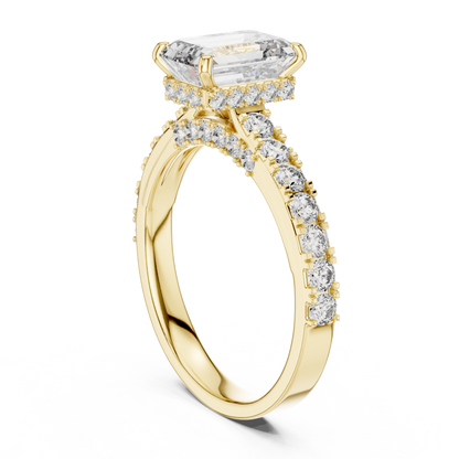 Emerald Cut Lab Grown Diamond Engagement Ring with Hidden Halo and Accent Band