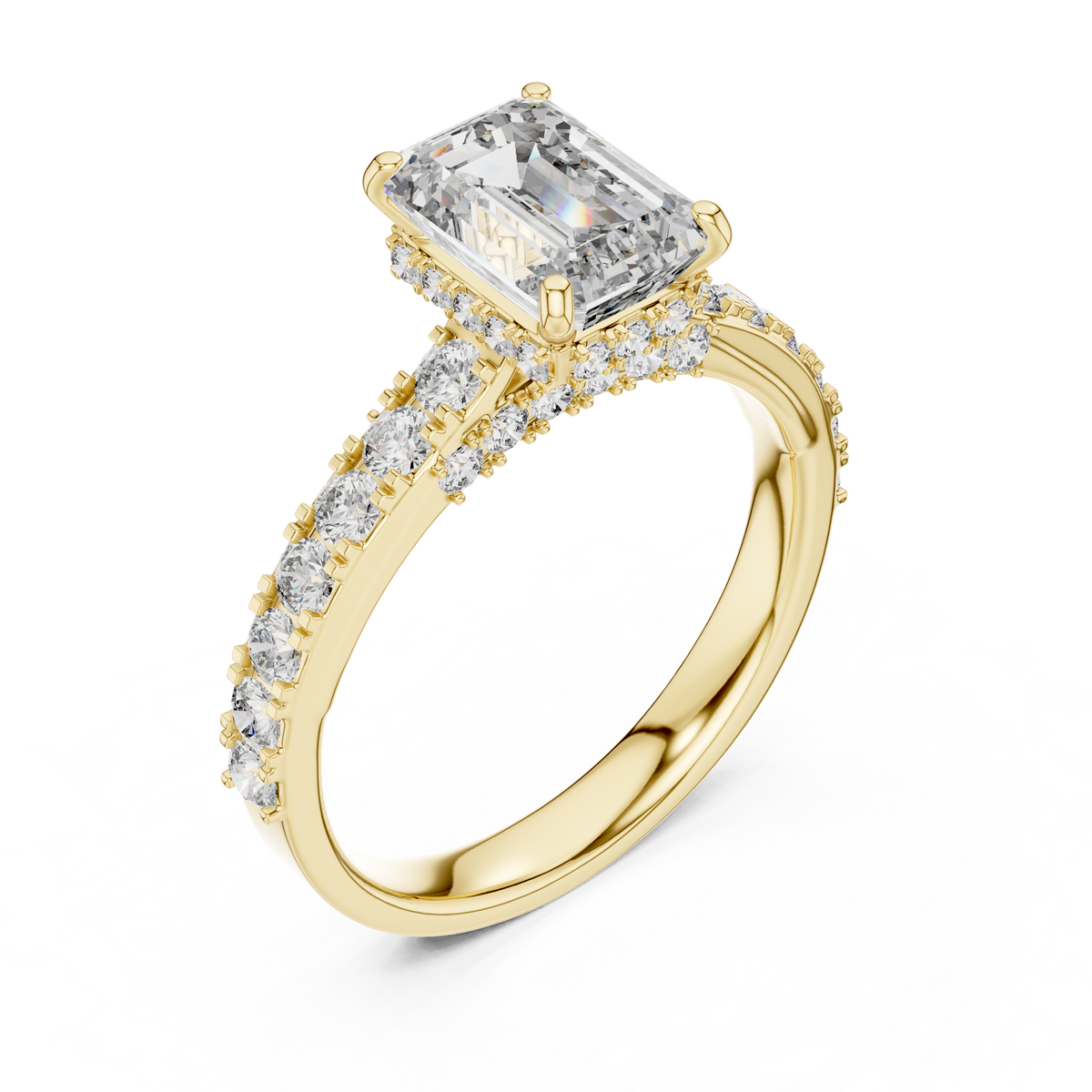 Emerald Cut Lab Grown Diamond Engagement Ring with Hidden Halo and Accent Band