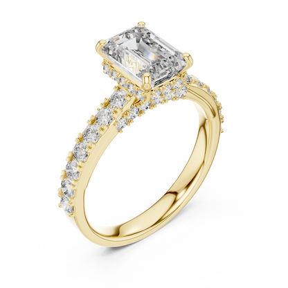 Emerald Cut Lab Grown Diamond Engagement Ring with Hidden Halo and Accent Band