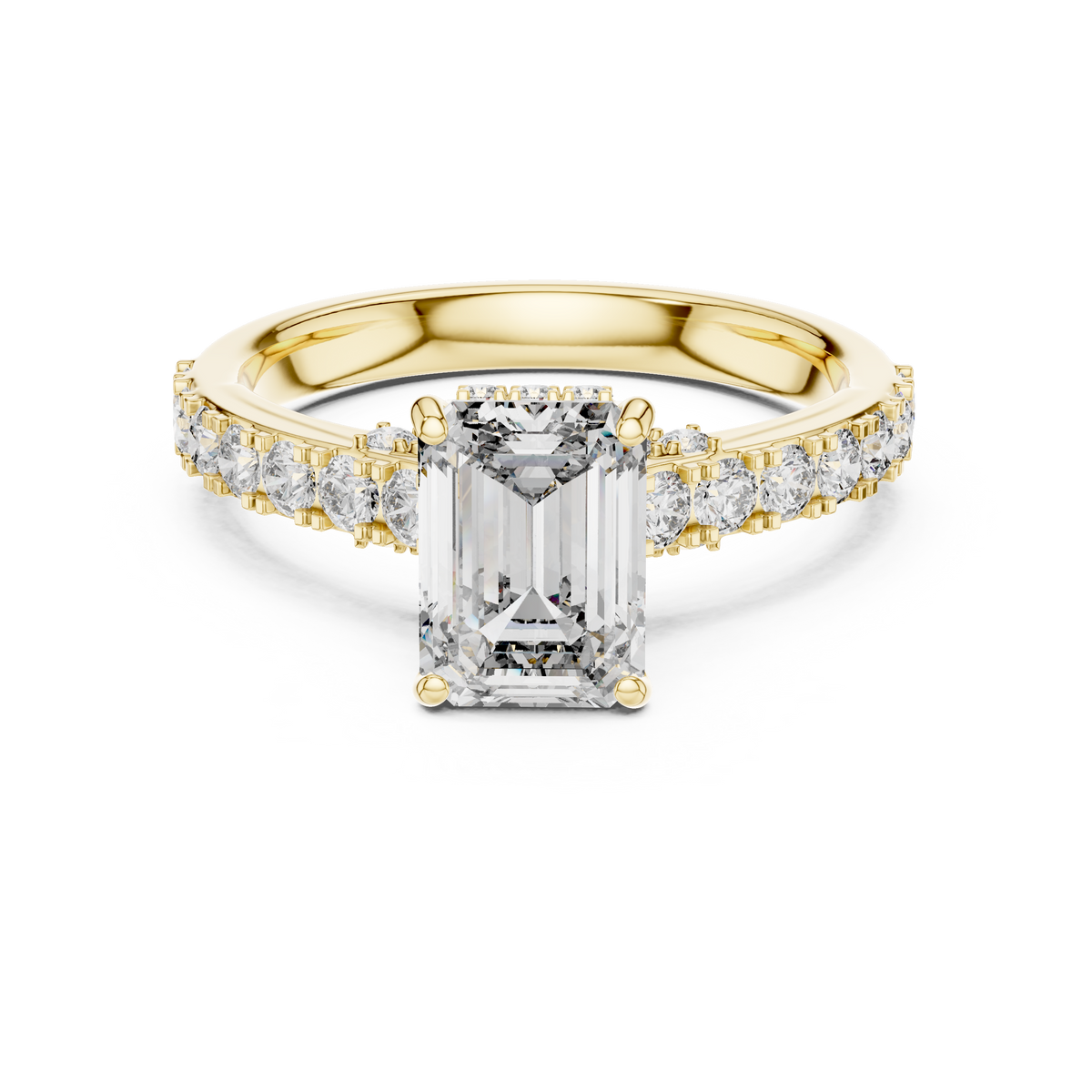 Emerald Cut Lab Grown Diamond Engagement Ring with Hidden Halo and Accent Band