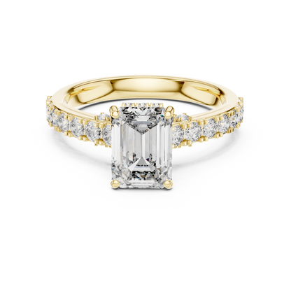 Emerald Cut Lab Grown Diamond Engagement Ring with Hidden Halo and Accent Band
