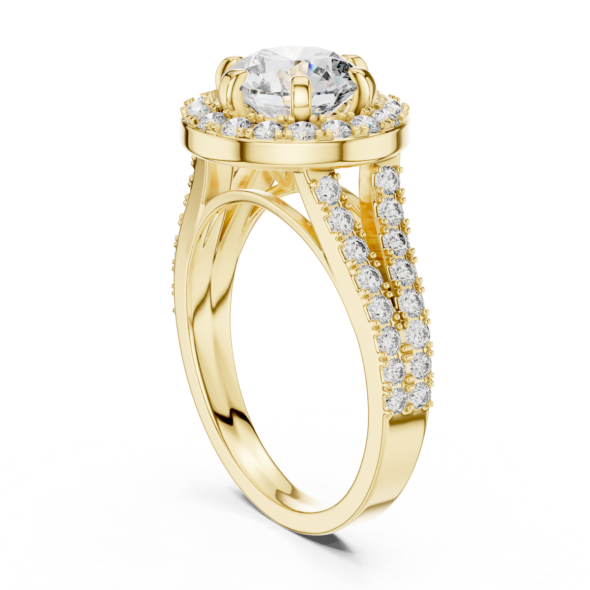 1.25ct Round Cut Lab Grown Diamond Halo Engagement Ring with Double-Row Split Band