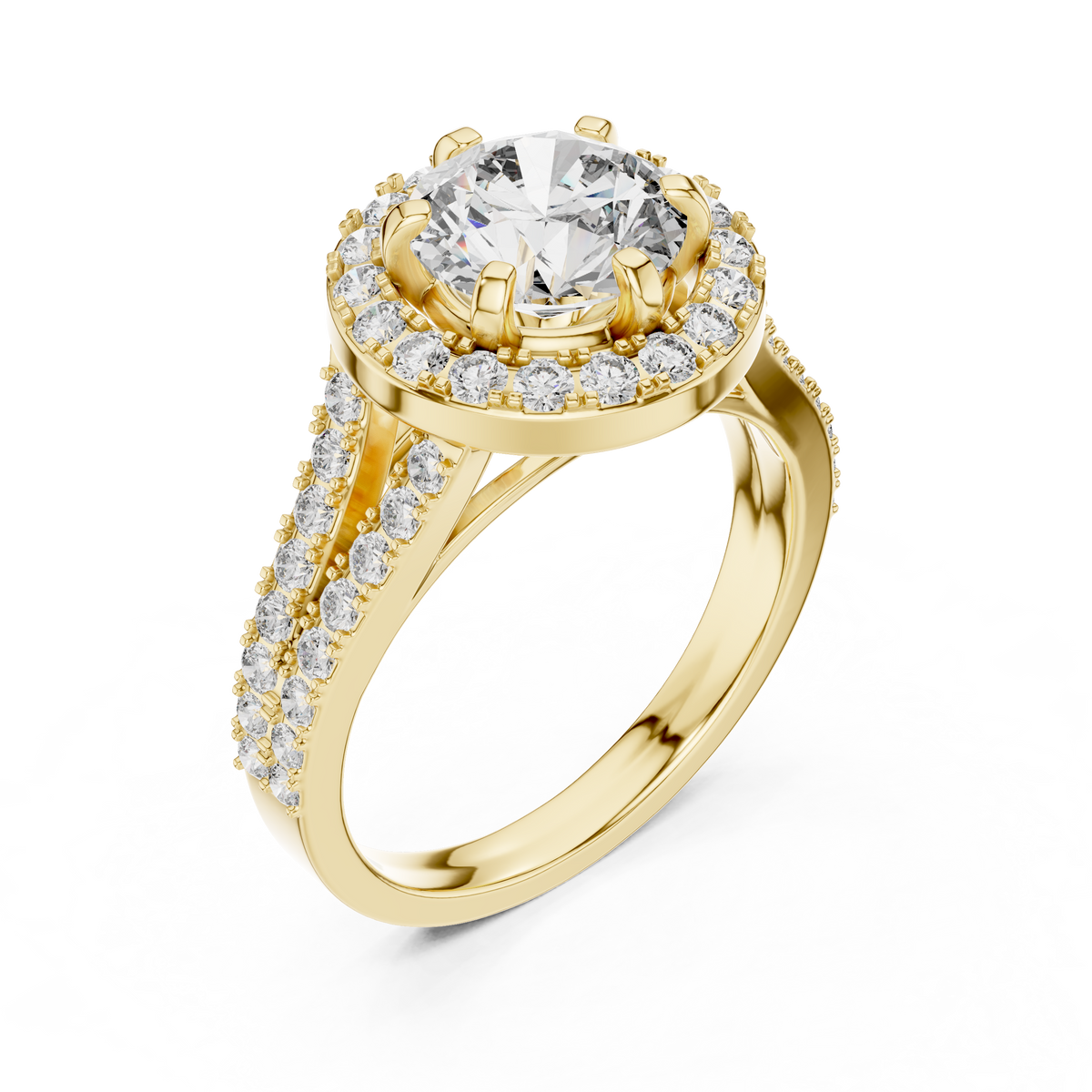 1.25ct Round Cut Lab Grown Diamond Halo Engagement Ring with Double-Row Split Band