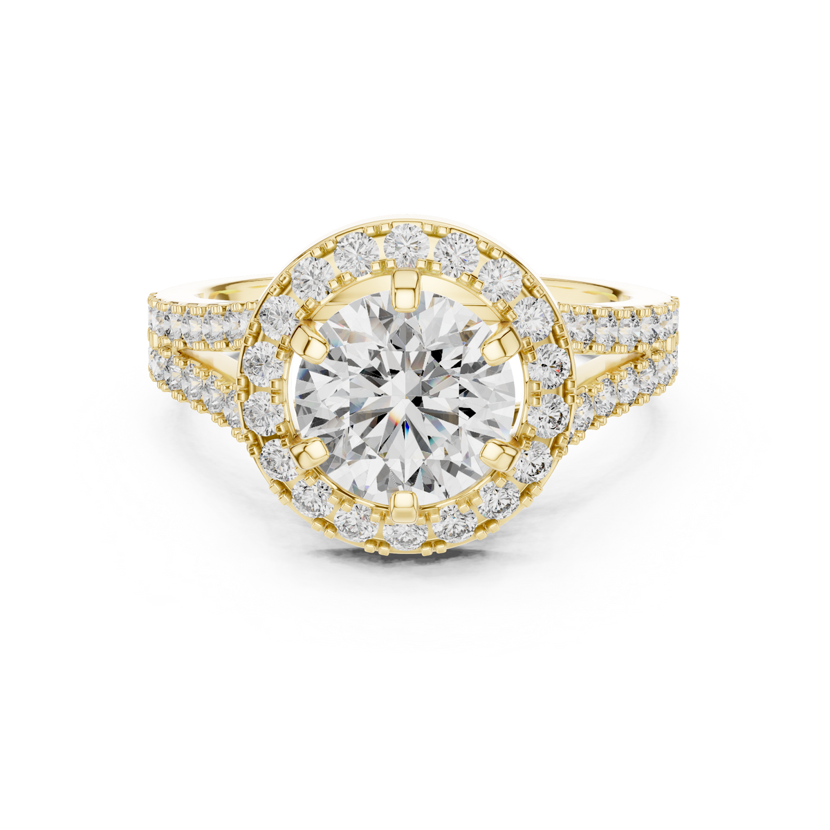 1.25ct Round Cut Lab Grown Diamond Halo Engagement Ring with Double-Row Split Band