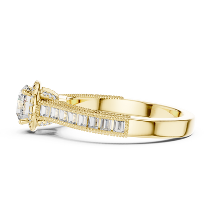 Vintage Channel-Set Baguette and Halo 0.60ct Round Cut Lab Grown Diamond Engagement Ring