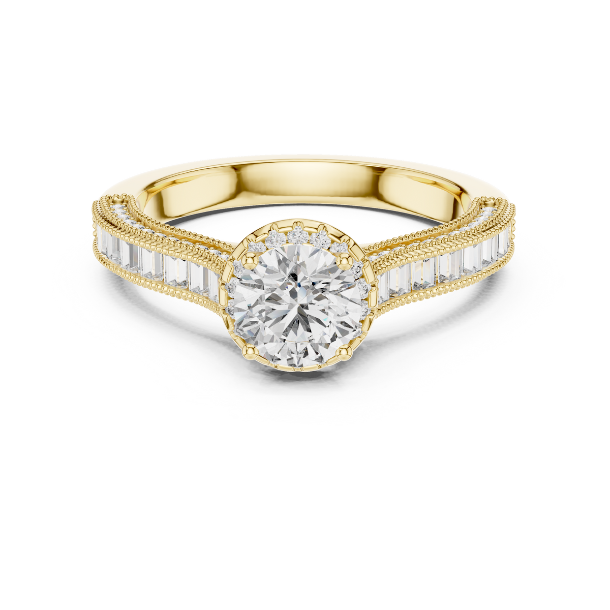 Vintage Channel-Set Baguette and Halo 0.60ct Round Cut Lab Grown Diamond Engagement Ring