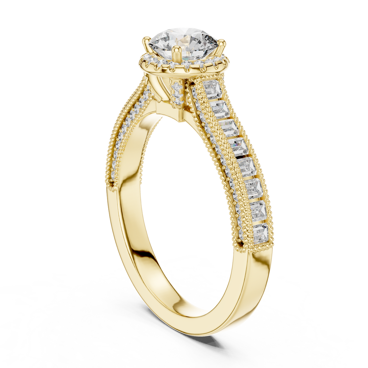 Vintage Channel-Set Baguette and Halo 0.60ct Round Cut Lab Grown Diamond Engagement Ring