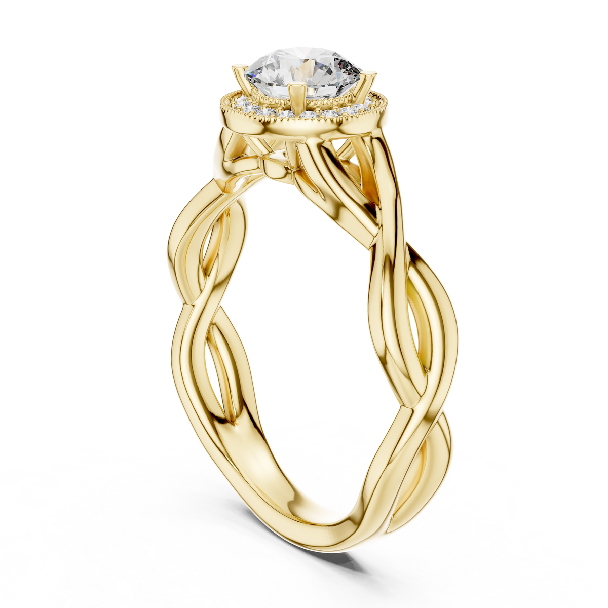 0.70ct Round Cut Lab Grown Diamond Halo Engagement Ring with Twisted Vine Band and Milgrain