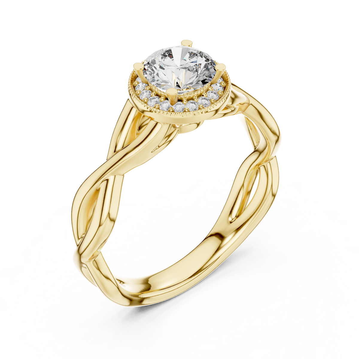 0.70ct Round Cut Lab Grown Diamond Halo Engagement Ring with Twisted Vine Band and Milgrain