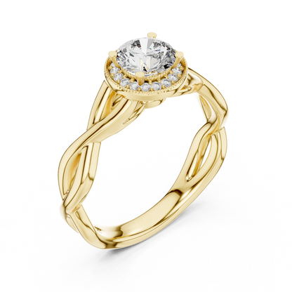 0.70ct Round Cut Lab Grown Diamond Halo Engagement Ring with Twisted Vine Band and Milgrain