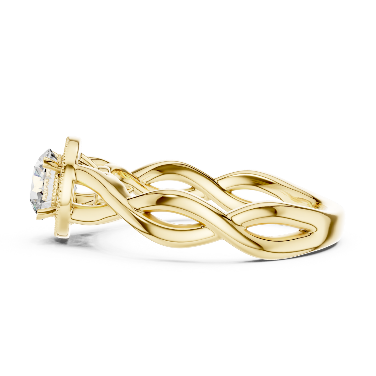 0.70ct Round Cut Lab Grown Diamond Halo Engagement Ring with Twisted Vine Band and Milgrain