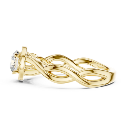 0.70ct Round Cut Lab Grown Diamond Halo Engagement Ring with Twisted Vine Band and Milgrain