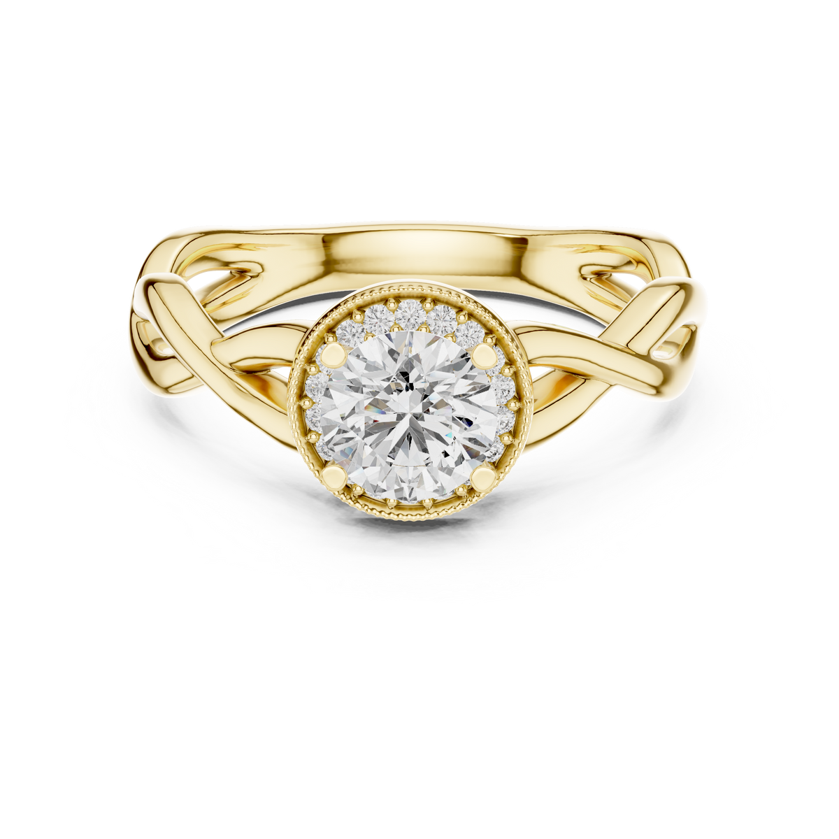 0.70ct Round Cut Lab Grown Diamond Halo Engagement Ring with Twisted Vine Band and Milgrain