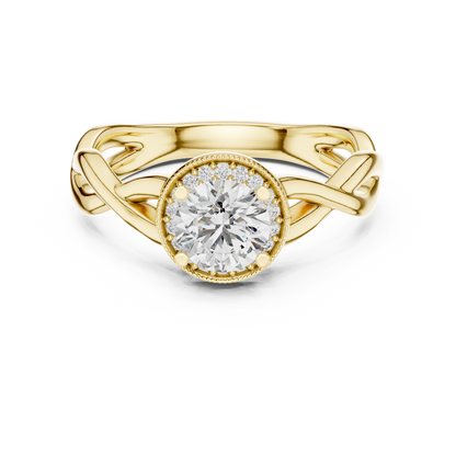 0.70ct Round Cut Lab Grown Diamond Halo Engagement Ring with Twisted Vine Band and Milgrain