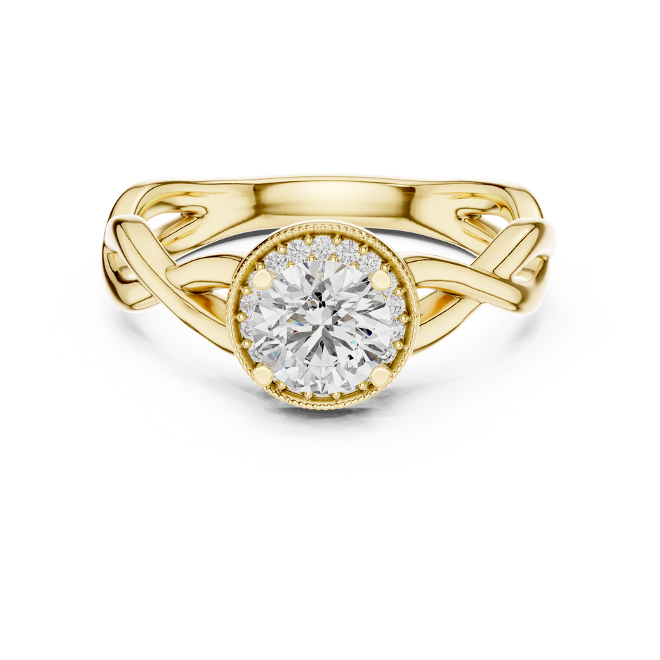 0.70ct Round Cut Lab Grown Diamond Halo Engagement Ring with Twisted Vine Band and Milgrain