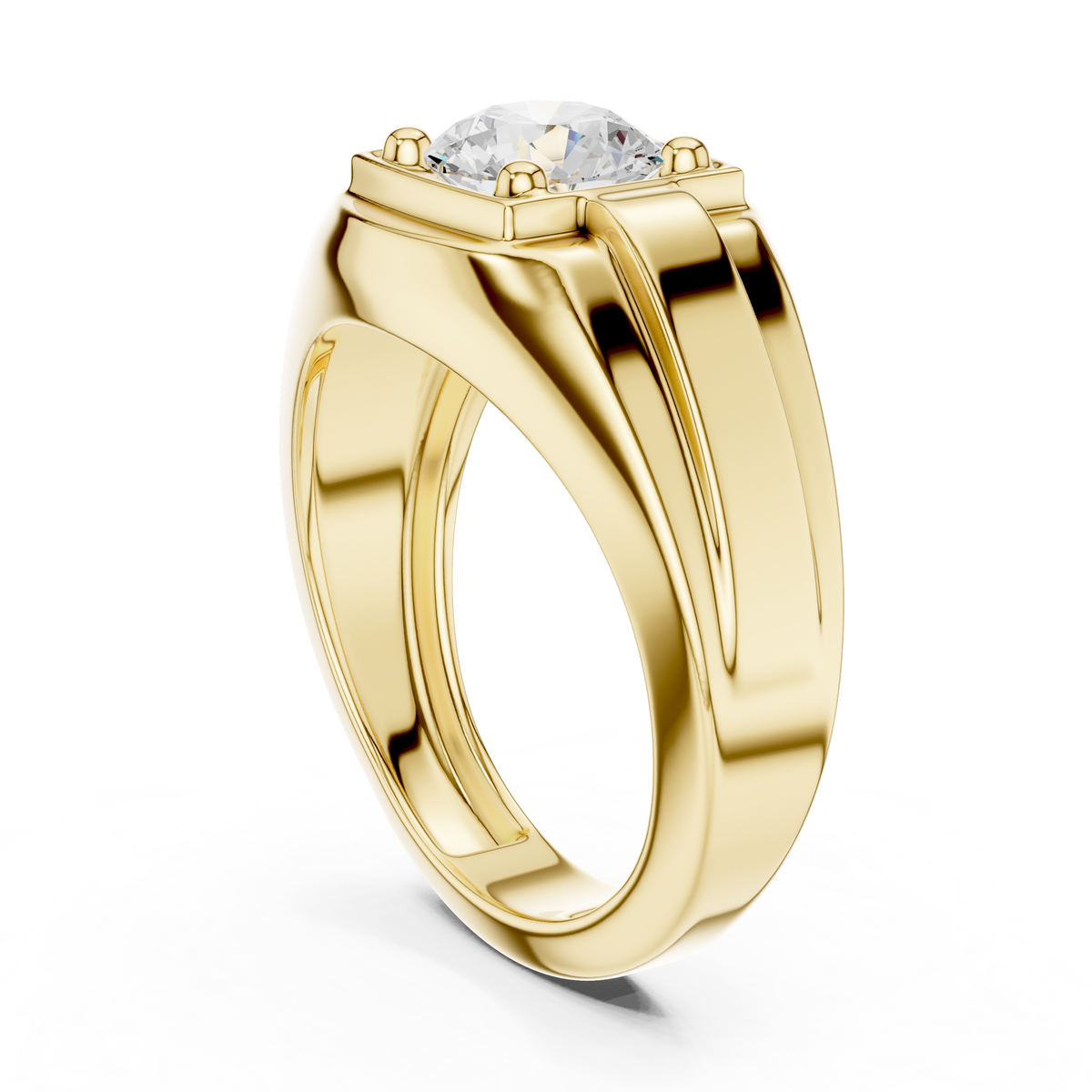 Round Shape Square Box Lab Grown Diamond Solitaire Ring Grooved Signet Band