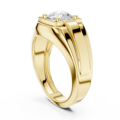 Round Shape Square Box Lab Grown Diamond Solitaire Ring Grooved Signet Band