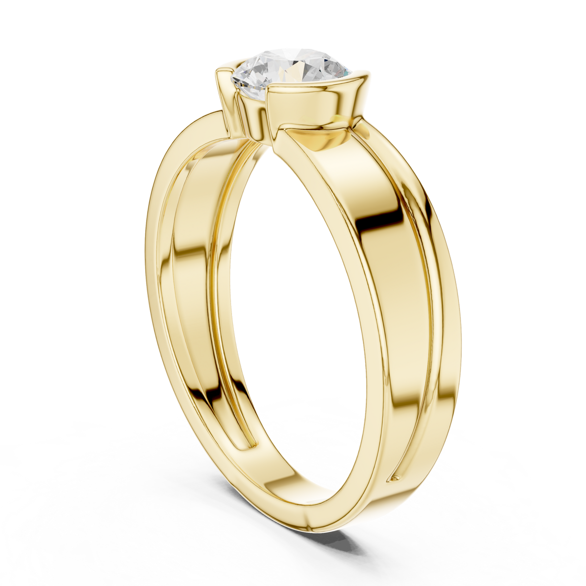 Solitaire Half Bezel Round Shape Lab Grown Diamond Ring Grooved Band