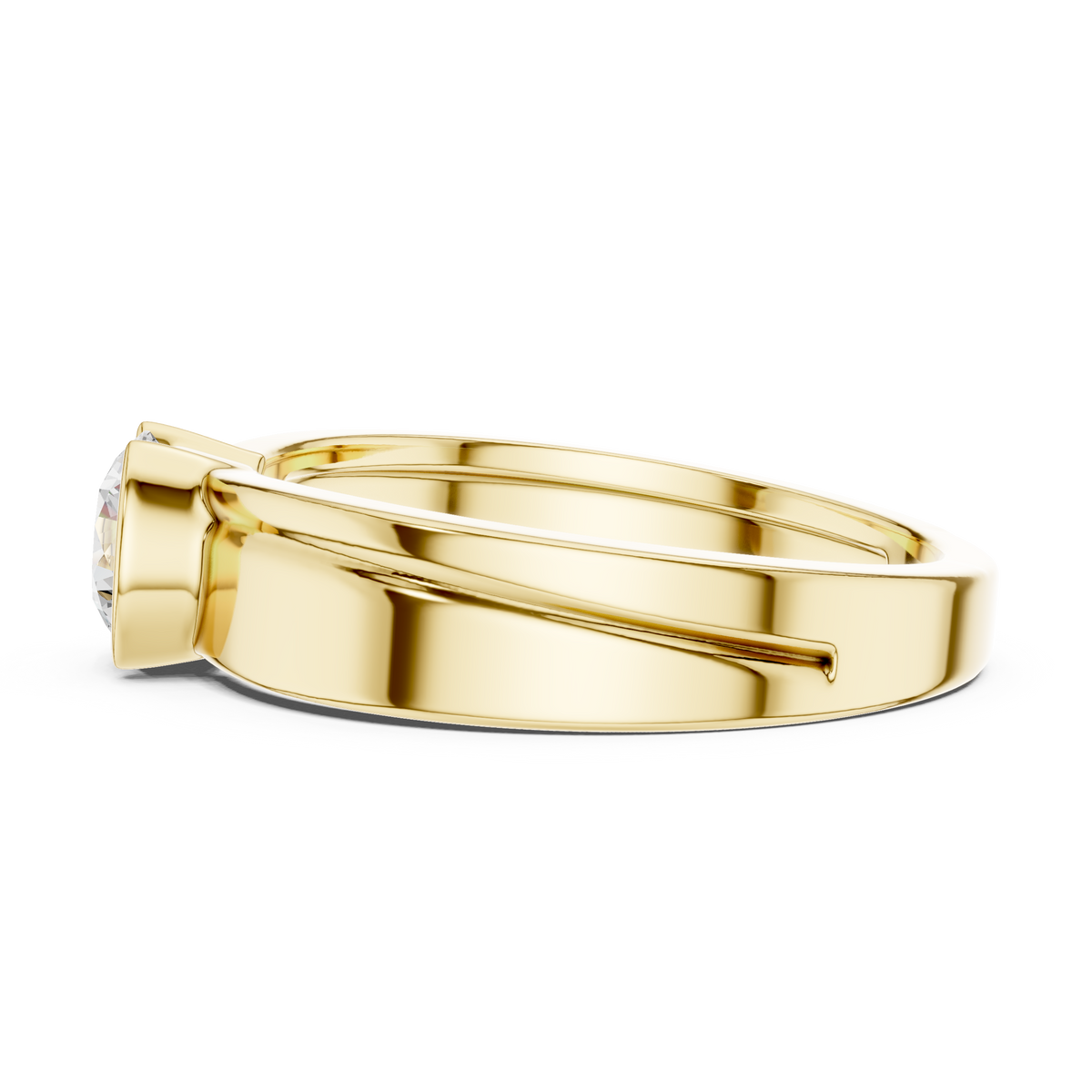 Solitaire Half Bezel Round Shape Lab Grown Diamond Ring Grooved Band