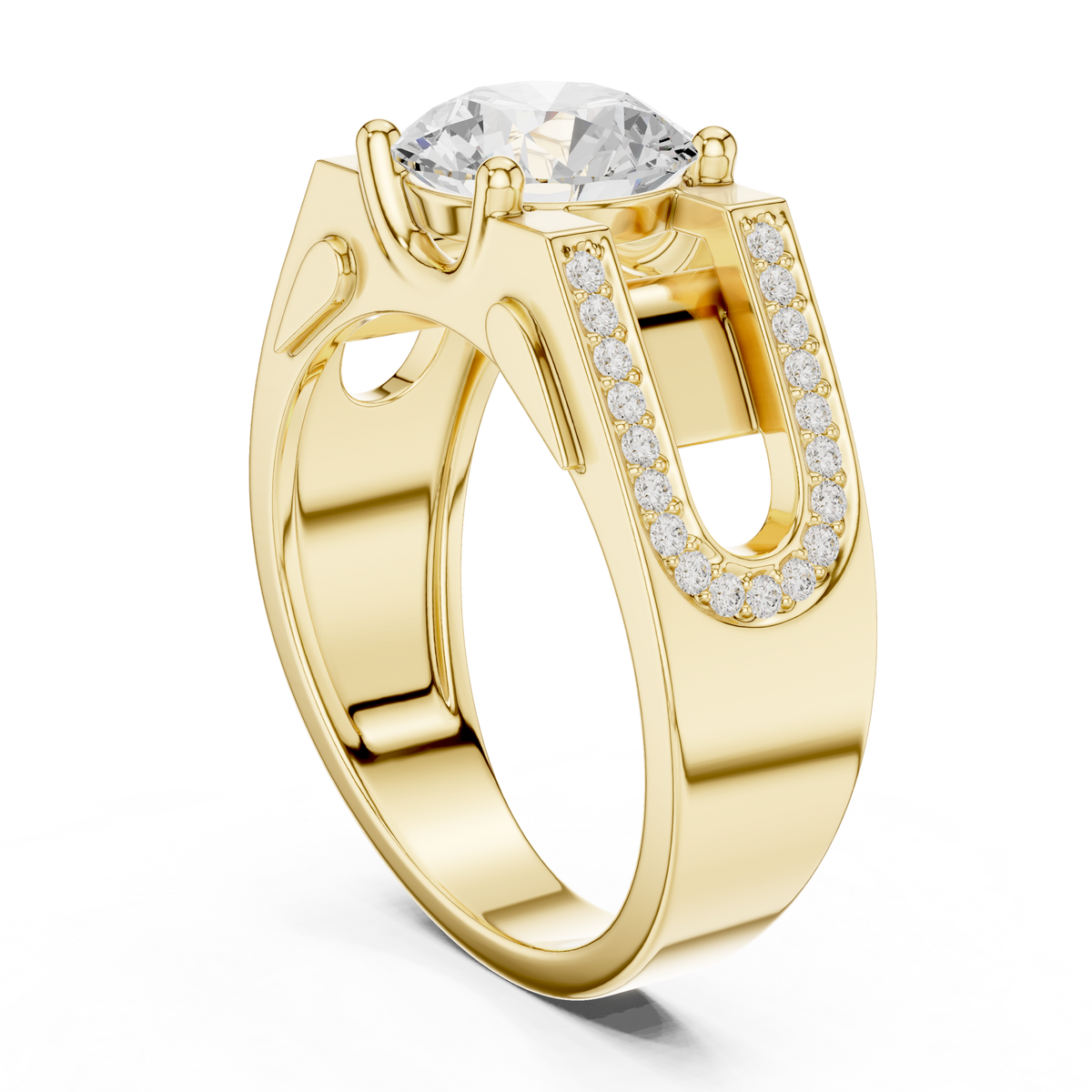 Solitaire Four Prong 1.50 Ct Round Lab Grown Diamond Ring Architectural Pave Band