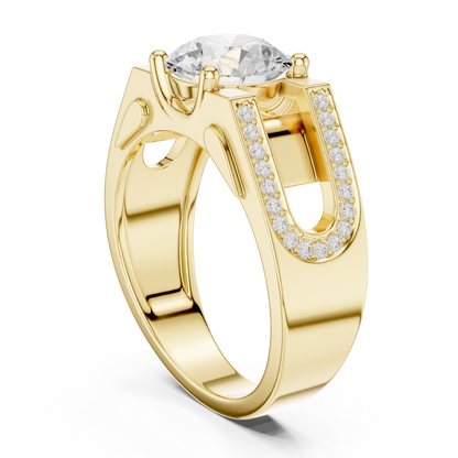 Solitaire Four Prong 1.50 Ct Round Lab Grown Diamond Ring Architectural Pave Band