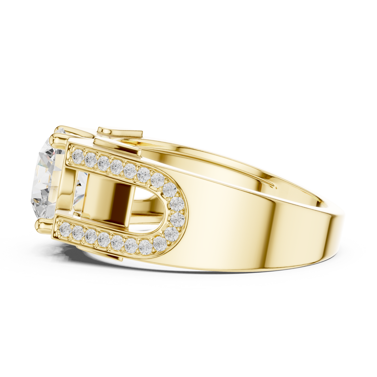 Solitaire Four Prong 1.50 Ct Round Lab Grown Diamond Ring Architectural Pave Band