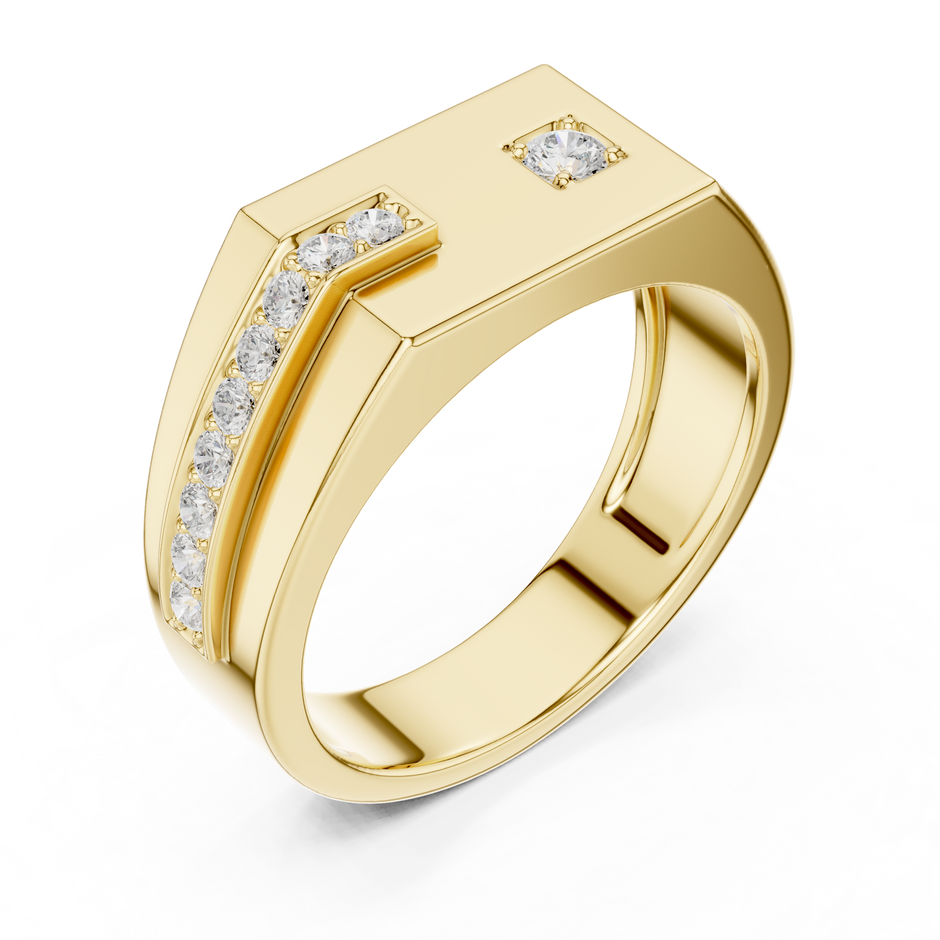 Flat Top Signet Round Shape Lab Grown Diamond Ring Diagonal Pave Band