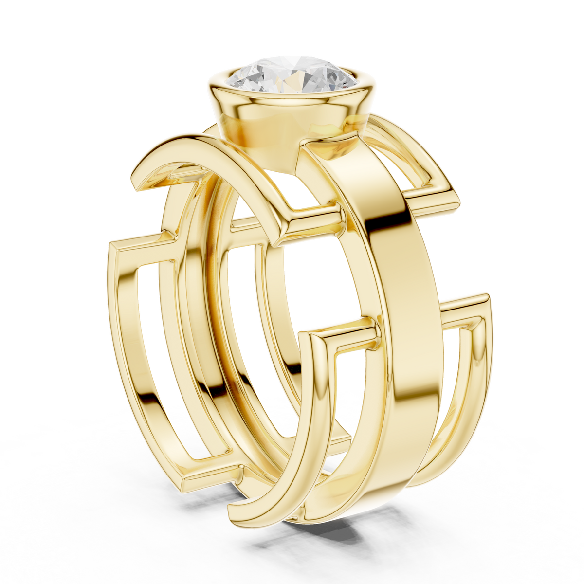 Bezel Set 1.00 Ct Round Lab Grown Diamond Solitaire Ring Geometric Cage Style