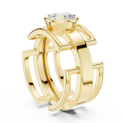 Bezel Set 1.00 Ct Round Lab Grown Diamond Solitaire Ring Geometric Cage Style