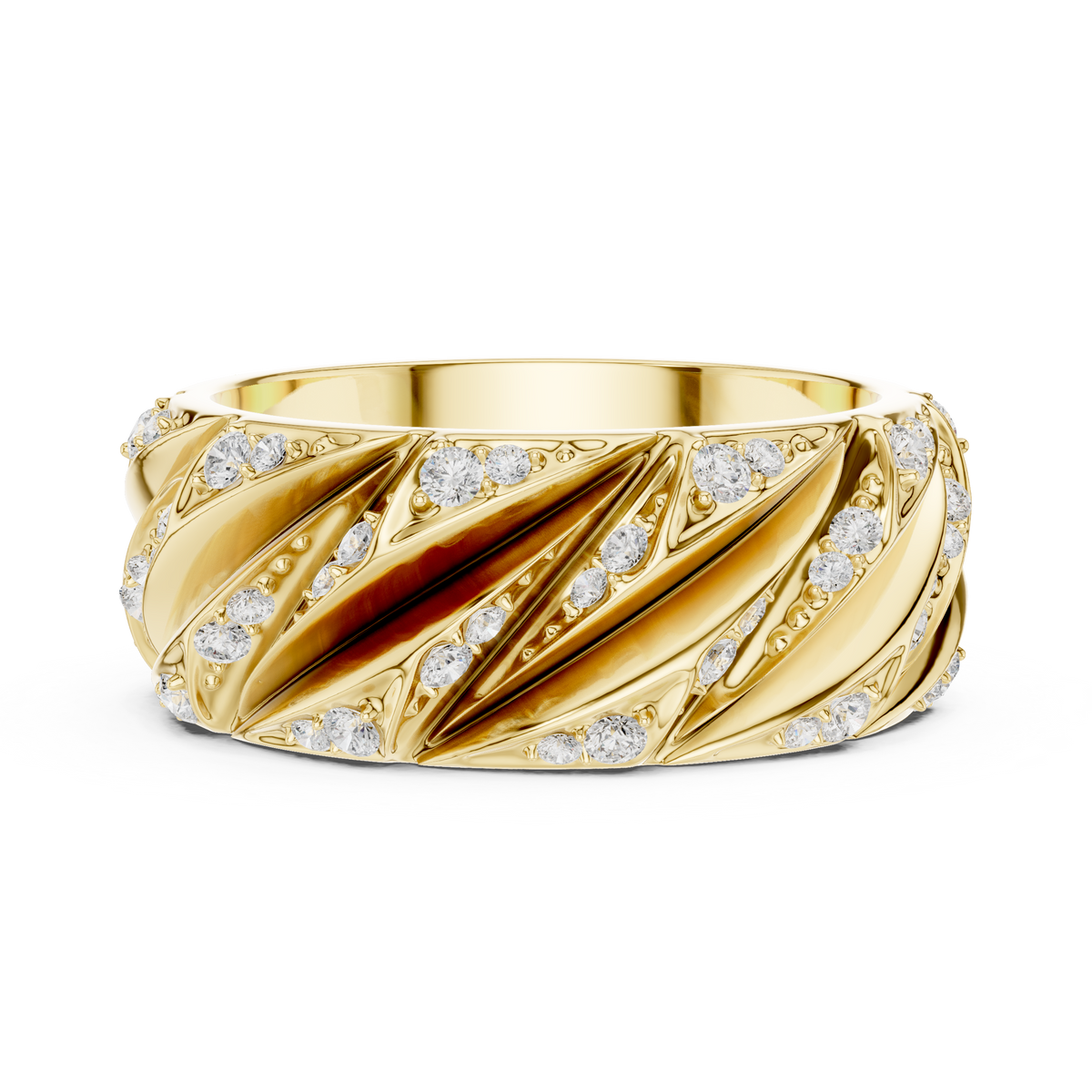 Spiral Ridge Round Shape Lab Grown Diamond Ring Pave Accent Band